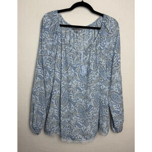 Ruff Hewn Women's Long Sleeve Blue Paisley Tie Front Blouse Size XL Boho Top